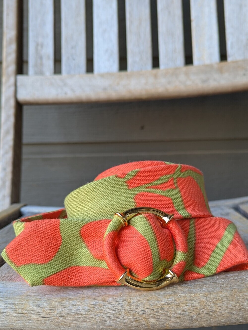 J. Crew Linen Cotton Lime Green Citrus Orange Belt Gold Tone Bamboo Buckle M/L